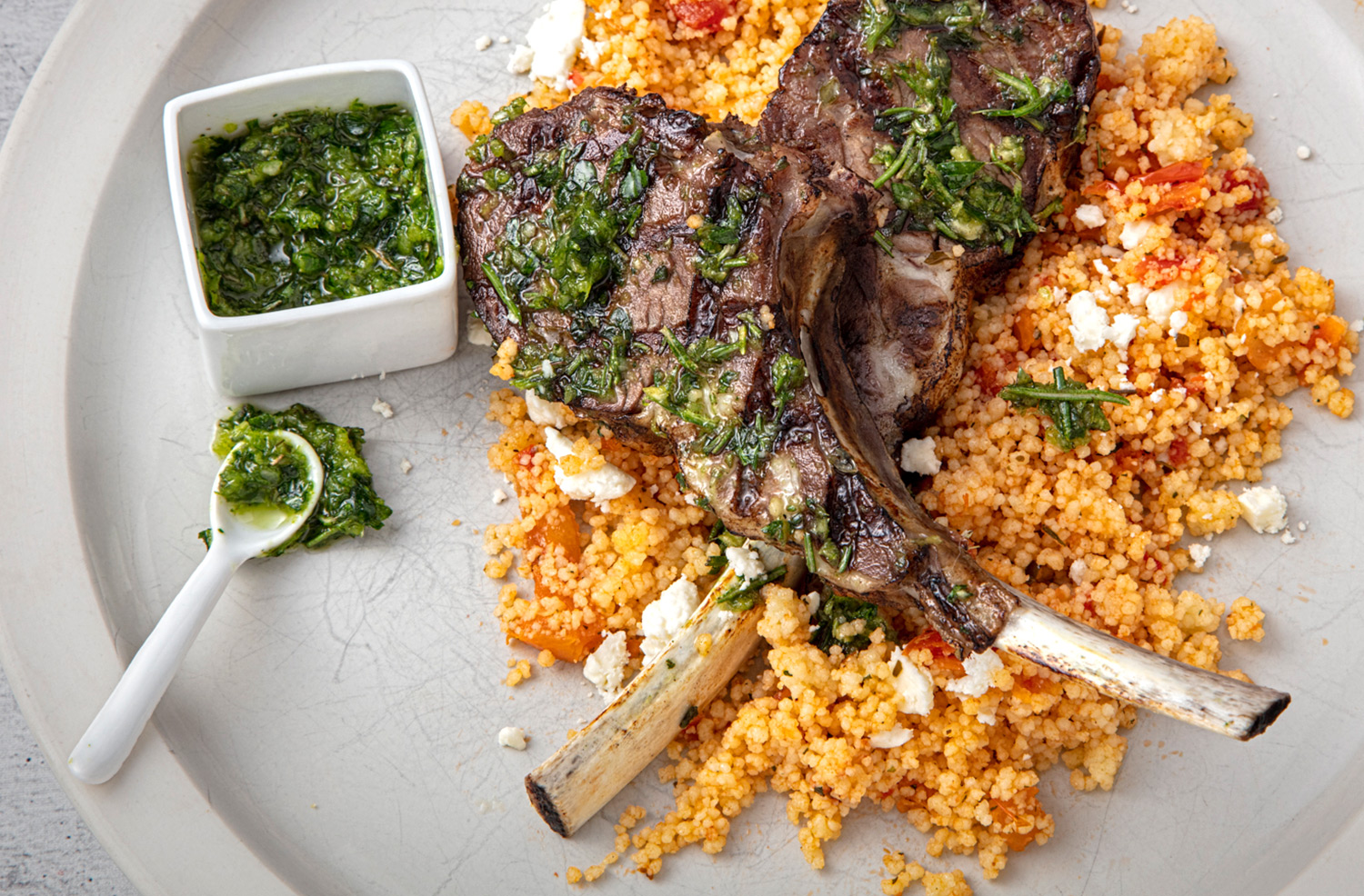 Grilled Herb Crusted Lam Chops with Couscous and Feta Cheese