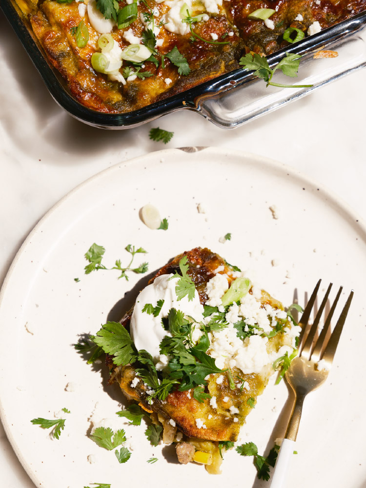 Lamb Enchilada with Green Chili in a glass dish