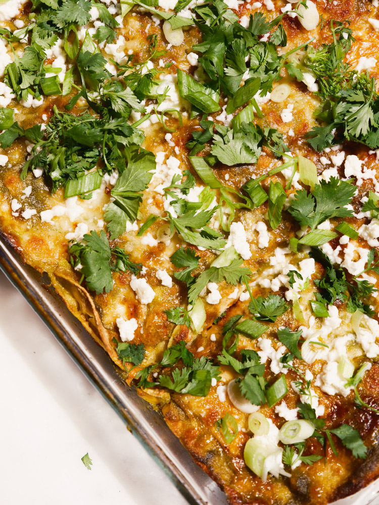 Lamb Enchilada with Green Chili in a glass dish