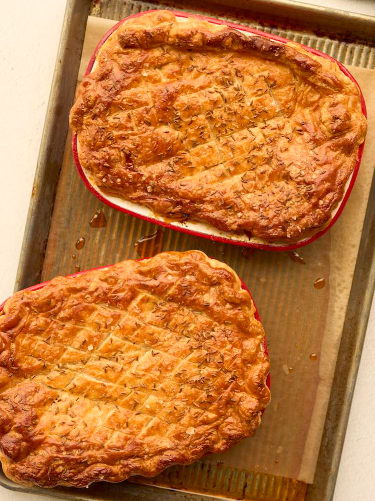 Lamb Guinness Pie on a baking tray