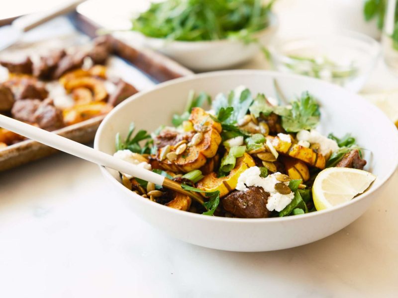 Lamb Sirloin and Lentil Bowls with Roasted Squash and Goat Cheese