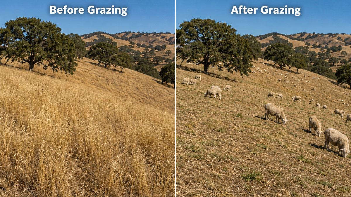 before and after grazing a field