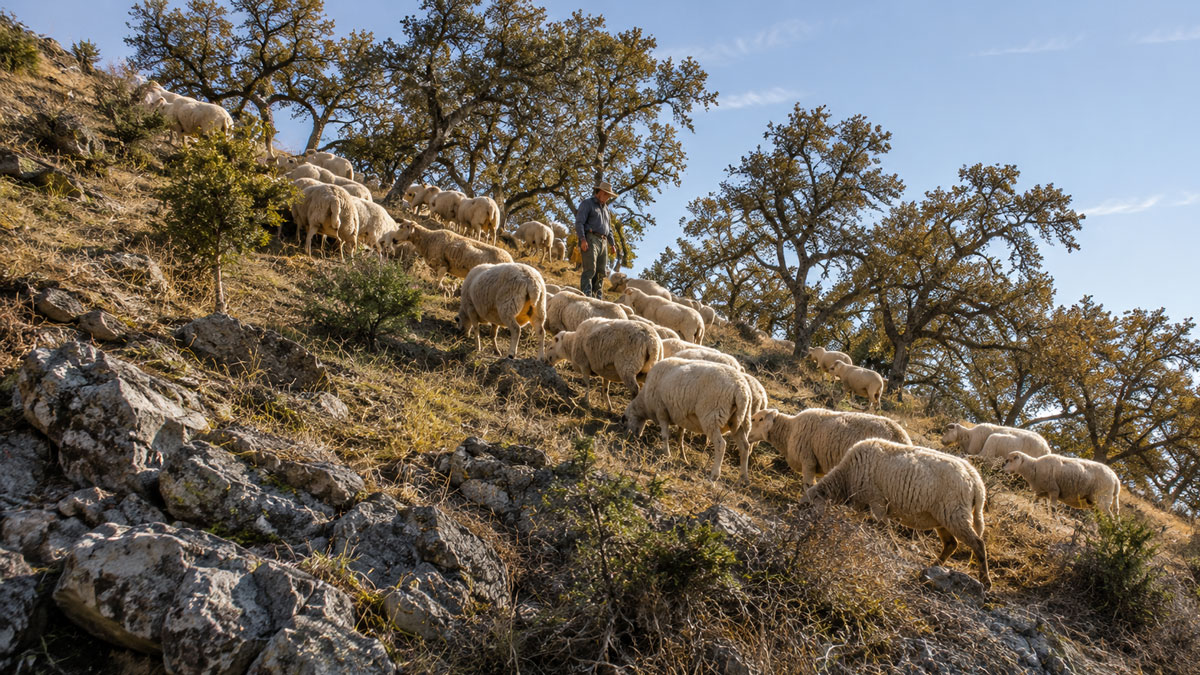 sheep grazing on rocky area