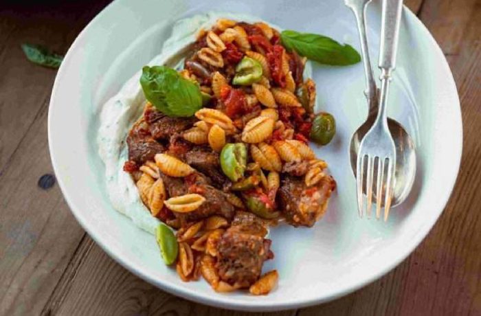 Braised Lamb & Cavatelli with Castelvetrano Olives and Whipped Herby Chèvre