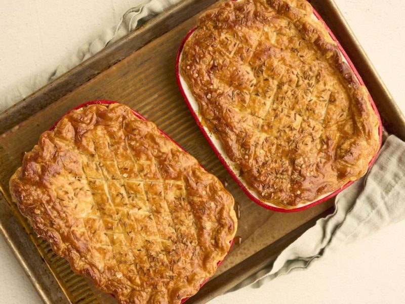 lamb guinness pie on a bking tray