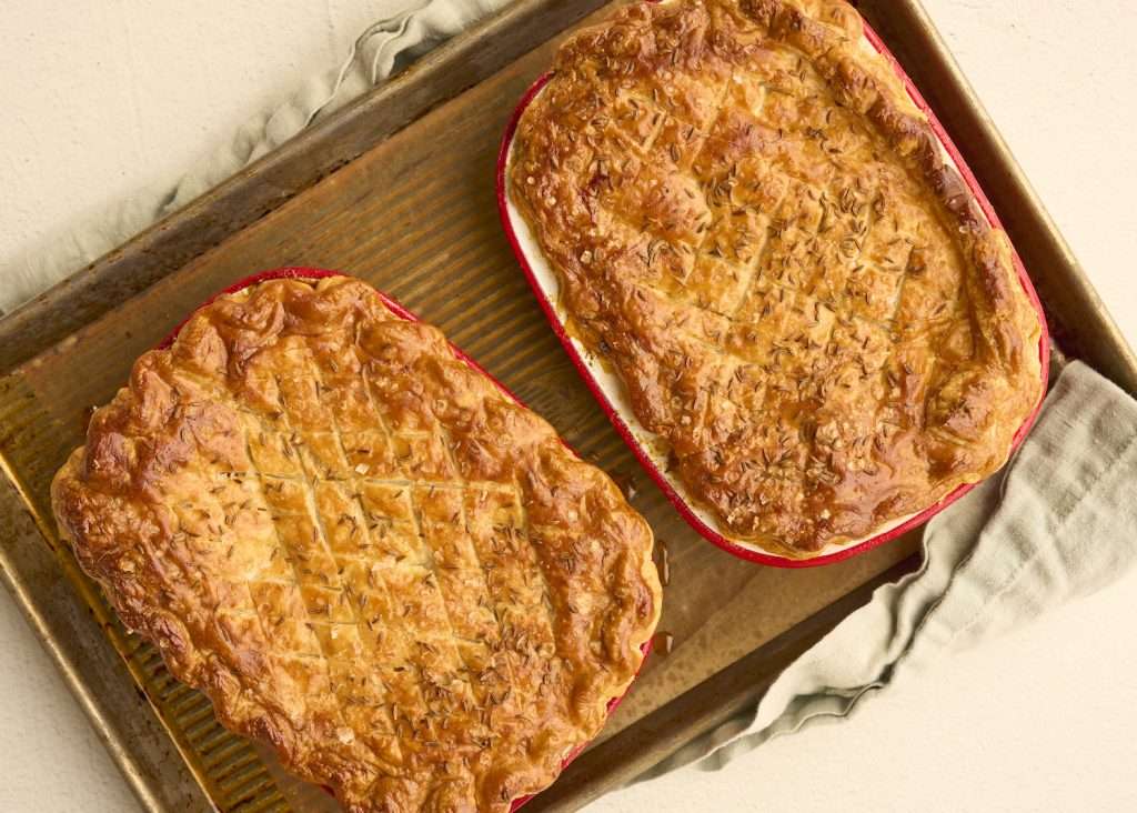 lamb guinness pie on a bking tray