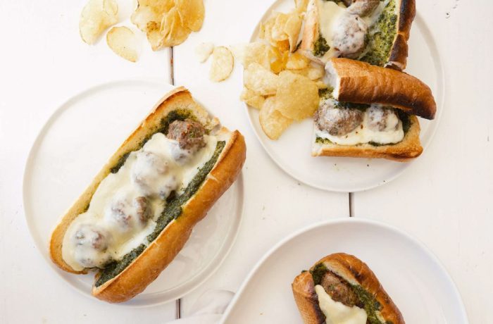 Lamb Meatball Sandwich with Pesto and Broiled Fontina