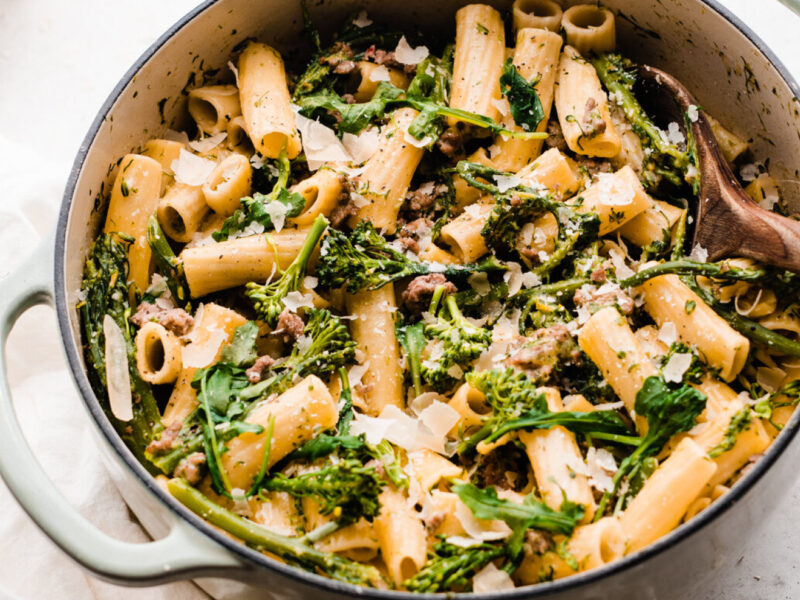 broccoli pasta with lamb in a pot