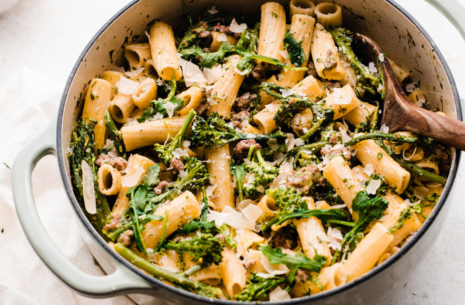 broccoli pasta with lamb in a pot