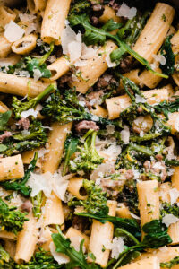 lamb pasta with broccoli close up