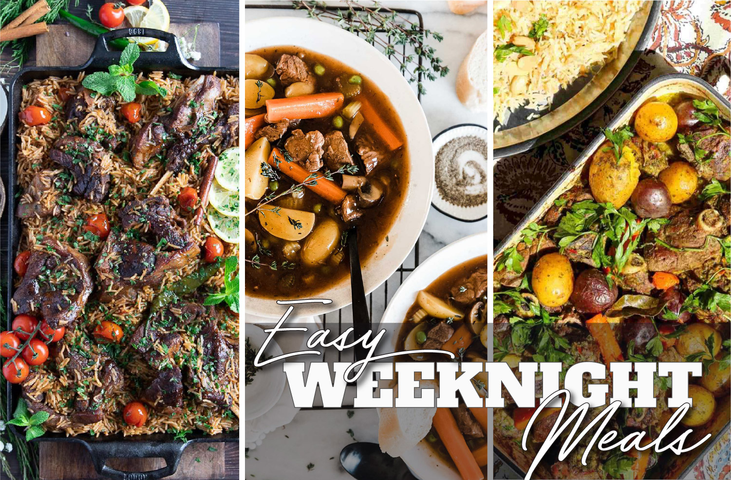 Easy weeknight lamb meals featuring one-pot lamb rice, Instant Pot lamb stew, and roasted lamb sheet pan dinners