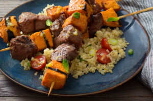 Grilled Lamb and Sweetpotato Kabobs with Quinoa, Garlic, Lemon, and Mint