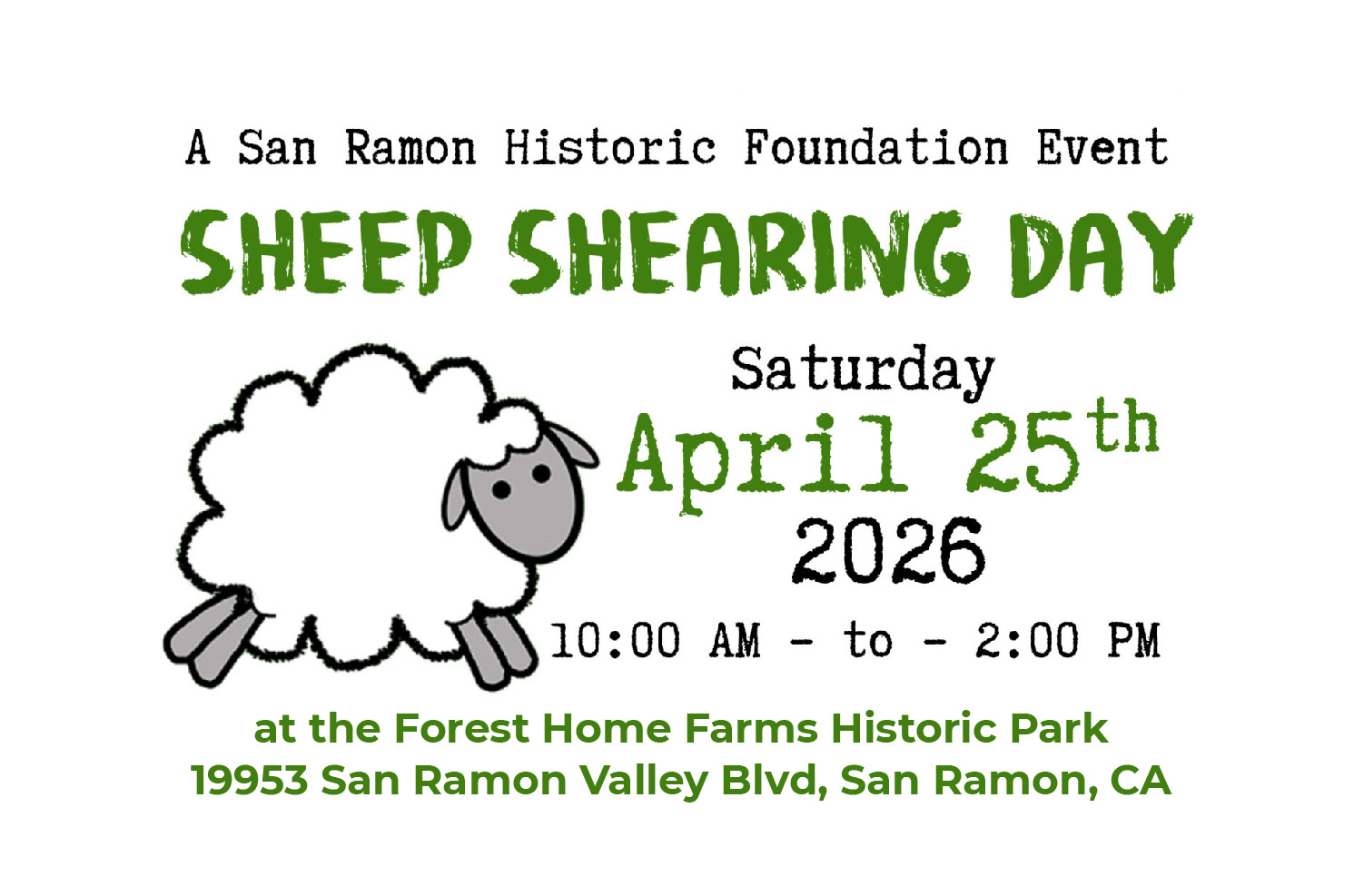 Sheep Shearing Day 2026 event poster in San Ramon with date, time, and location details