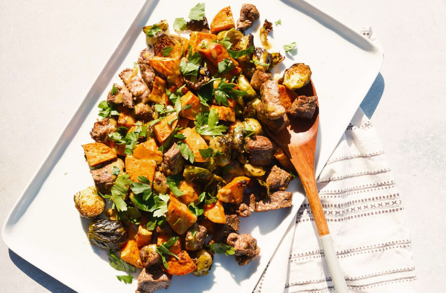 Brussels Sprouts, Sweet Potatoes, and American Lamb Sirloin Sheet Pan Dinner