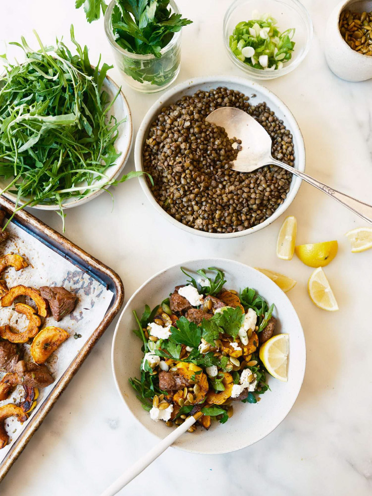 Lamb sirloin and lentil bowl with roasted squash and fresh herbs recipe