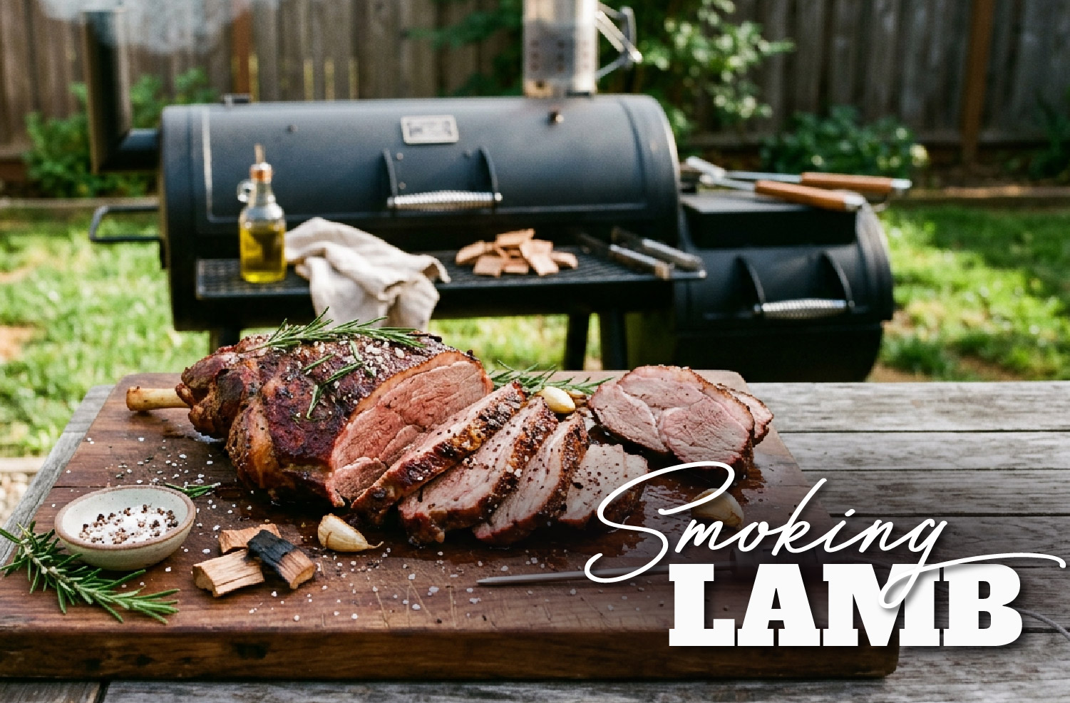 smoked lamb in front of a smoker in a backyard