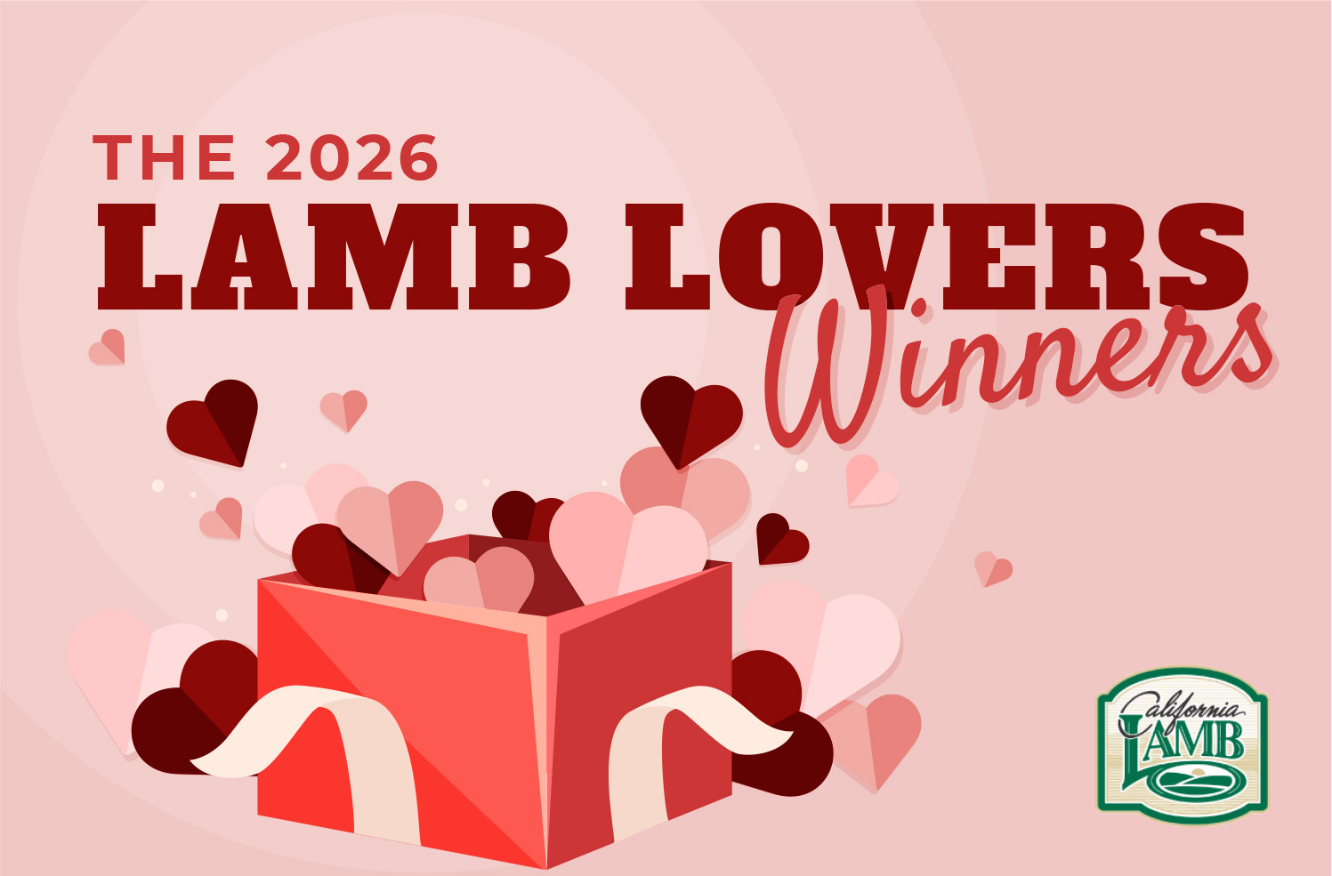 2026 Lamb Lovers Sweepstakes winners graphic with California Lamb branding and heart-themed design